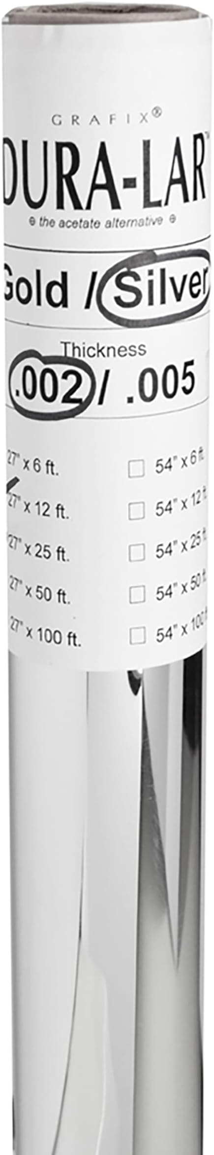 Grafix Dura-Lar 0.002" Film, Silver 27" x12', Opaque Silver Dura-Lar is a Polyester Film with an Aluminum Coating on the Surface. Creates the Perfect Mirror-Like Finish.