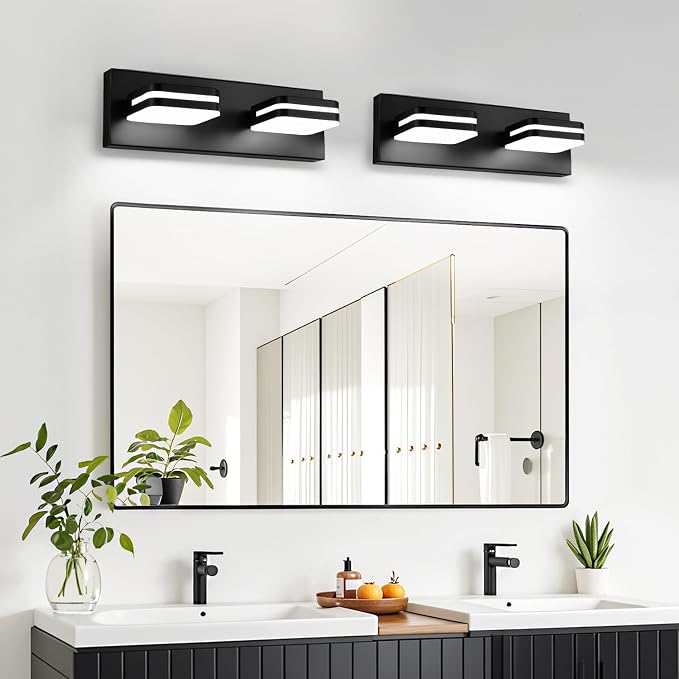 Torondo 360° Rotate LED Bathroom Vanity Light Fixtures, Acrylic Vanity Lights for Bathroom, Modern Wall Lighting Fixtures Over Mirror Living, Matte Black, Natural White, 2-Light, 14-Inch