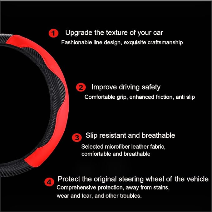 Ultra Fine Carbon Fiber Leather Steering Wheel Cover, Anti Slip and Sun Protective Protect The Steering Wheel, Easy to Install,Universal of 14.5"-15" (Red)