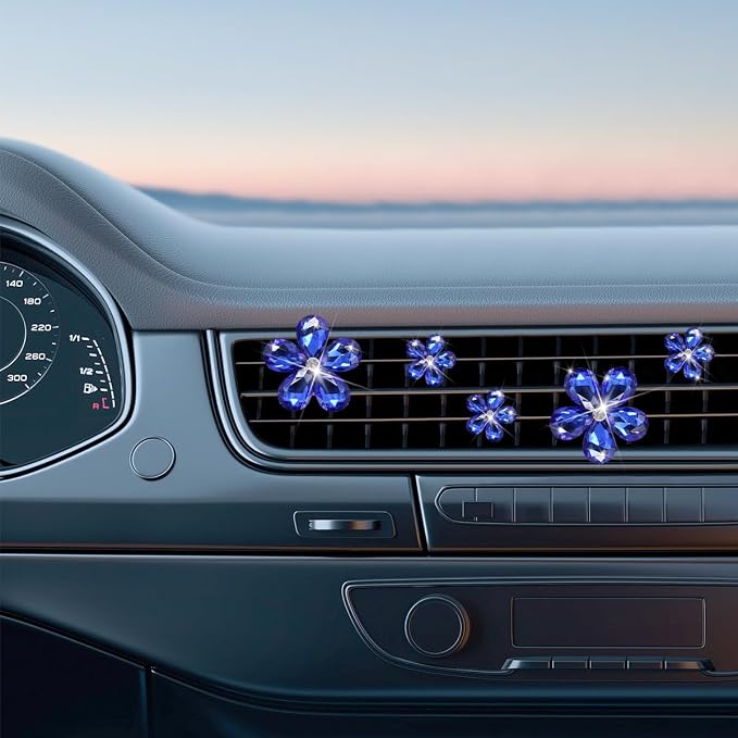 Zpana Bling Daisy Flower Car Air Vent Clips, 5PCS Sparkling Crystal Rhinestone Cute Vehicle Air Conditioning Clamp, Diamond Auto Air Outlet Clip Decor for Women Girls, Universal Fit (Dark Blue)