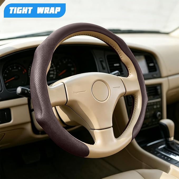 Car Steering Wheel Cover, Comfortable Grip Non-Slip Breathable Vehicle Steering Wheel Protector, Automotive Interior Decoration Accessories, Universal Fit (Coffee)