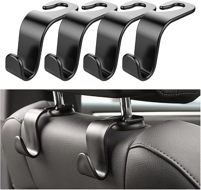 Car Back Seat Headrest Hooks, 4 Pack Black Stylish Back Seat Hanger for Car Handbag Clothes Coats Grocery Bags, Car Interior Accessories (Black2)