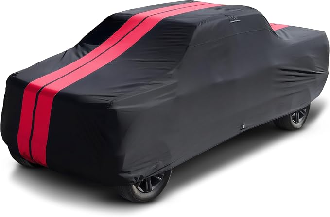 iCarCover Premium Plus Truck Cover Waterproof All Weather Rain Snow UV Sun Protection, F-150 Extended Cab, F-250, F-350 Crew Cab, Extended Cab, Size T87 (See Size Chart) Stripe - Black/Red