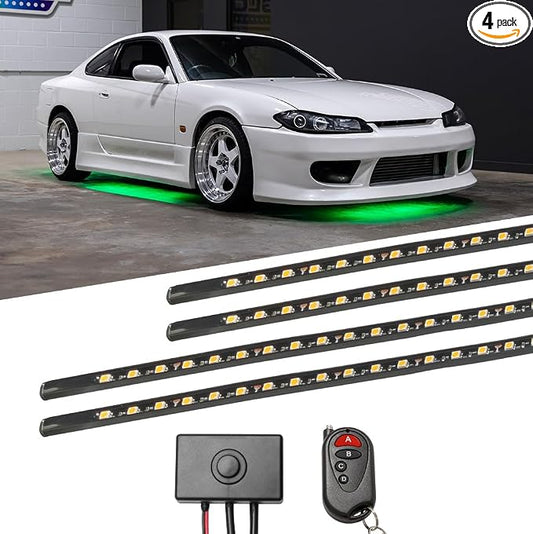 LEDGlow 4pc Green Slimline LED Car Flexible Underglow Lighting Kit | Neon Accent Lights Include Flex Underbody Tubes, Solid Color Illumination, 4 Modes, Control Box & Remote