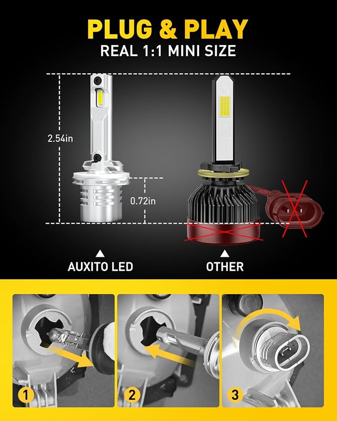 AUXITO 880 Fog Light Bulb, 16,000LM 500% Super Brighter, Real 1:1 Mini Size 899 Fog Lights, 6500K White, No Adapter Required, Non-Polarity, No Fan, Plug and Play, 893 LED Light Kit 2PCS
