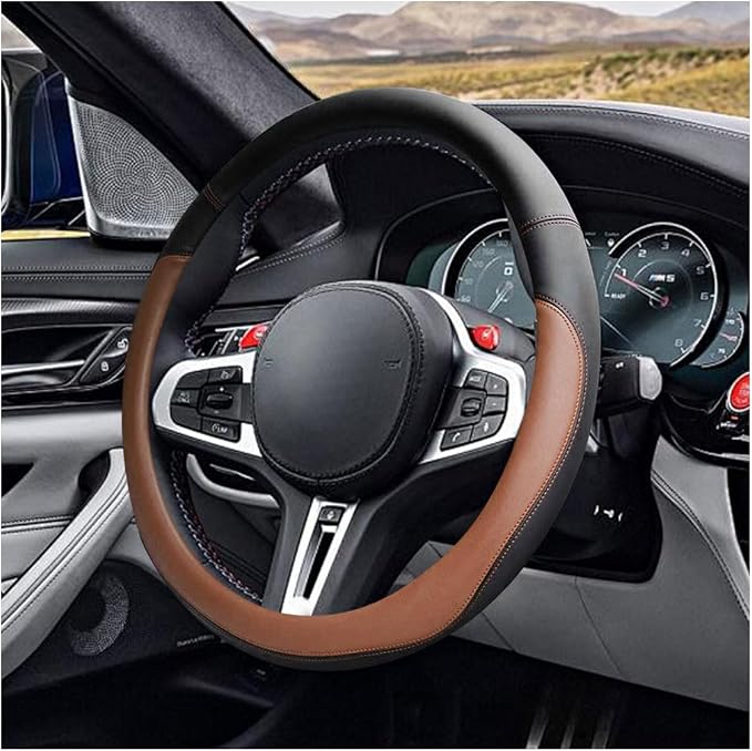LAINLOY 15" Car Steering Wheel Cover, Microfiber Leather Cover, Coffee | Anti-Slip Breathable Steering Wheel Decoration, Universal Steering Wheel Accessories for Diverse Cars