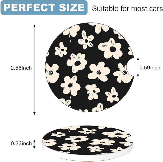 Car Cup Holder Coaster Set of 2, 2.56 in Ceramic Coasters, Scratch-Resistant Cork Backing, Finger Groove Design for Easy Placement, Cute Car Accessories Interior for Women (White Flowers)