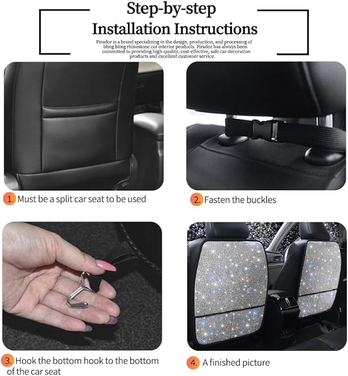Bling Crystal Car Seat Back Kick Protectors with Storage, Sparkly Diamond Kick Mats, Universal Seat Protector for SUV and Automotive Crystal Auto Accessories for Women White 2pcs