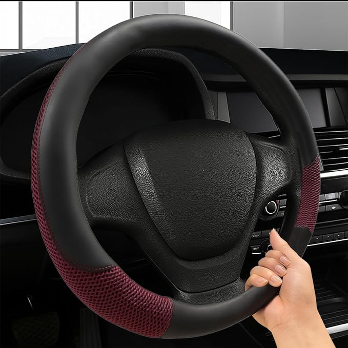 Car Steering Wheel Cover, 15" Breathable Microfiber Leather Ice Silk Mesh Wheel Wrap, Warm in Winter & Cool in Summer, Comfortable Anti-Slip Auto Interior Decorative Protector(Red)