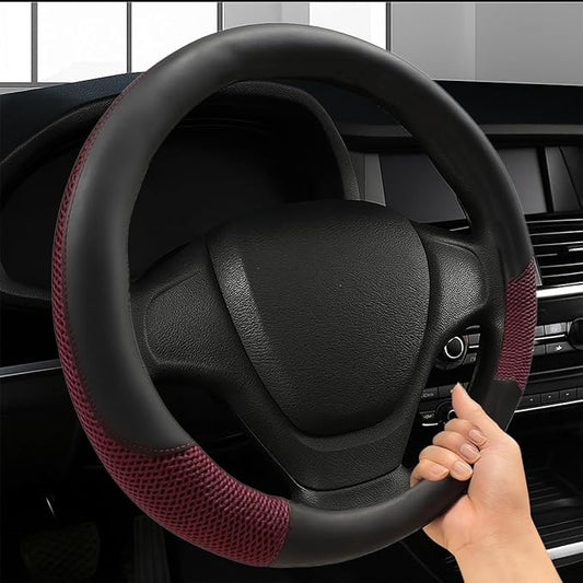Car Steering Wheel Cover, 15" Breathable Microfiber Leather Ice Silk Mesh Wheel Wrap, Warm in Winter & Cool in Summer, Comfortable Anti-Slip Auto Interior Decorative Protector(Red)