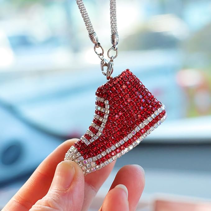 Bling Sneaker Shoe Sparkly Car Hanging Ornament, Cute Crystal Rear View Mirror Pendant, Diamond Rearview Mirror Charms, Lucky Car Interior Decor Accessories (Red)