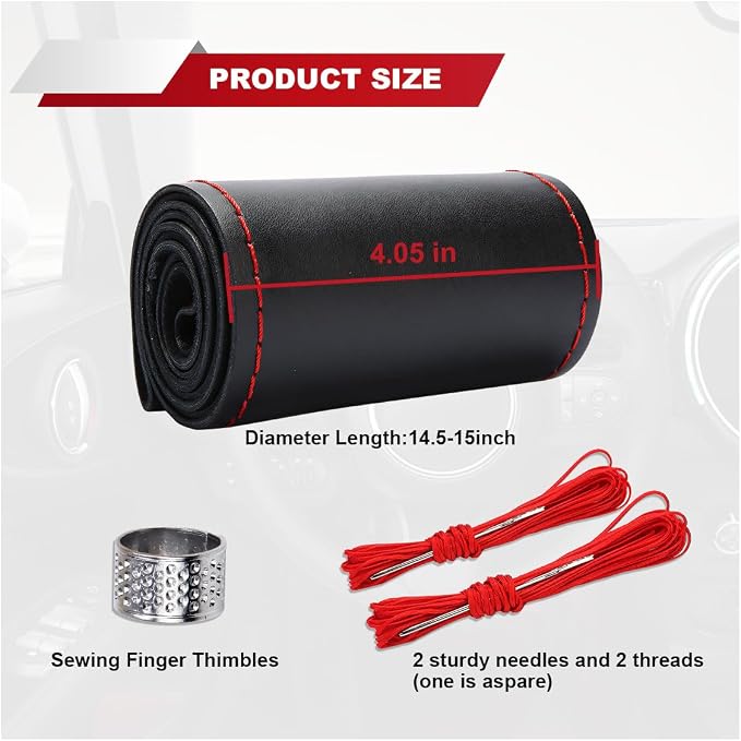 ZIMISI 15 Inch Genuine Leather Steering Wheel Cover (Black&Red) | Anti-Slip Breathable Car Steering Wheel Stitching Wrap, DIY Sewing with Needle Thread, Stitch on Wrap Steering Wheel Cover