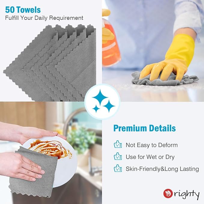 Orighty Microfiber Cleaning Cloth Bulk, 50 Pack Shop Towels 12x12 in, Grey | Reusable Microfiber Towels for Cars, Shop Rags, Multi-Purpose Lint Free Cleaning Rags for Home & Kitchen
