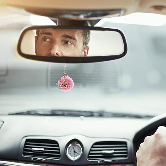 Pink Bling Car Accessories for Women Furry Pom Pom Crown with Pearl Chain Car Mirror Hanging Accessories for Women