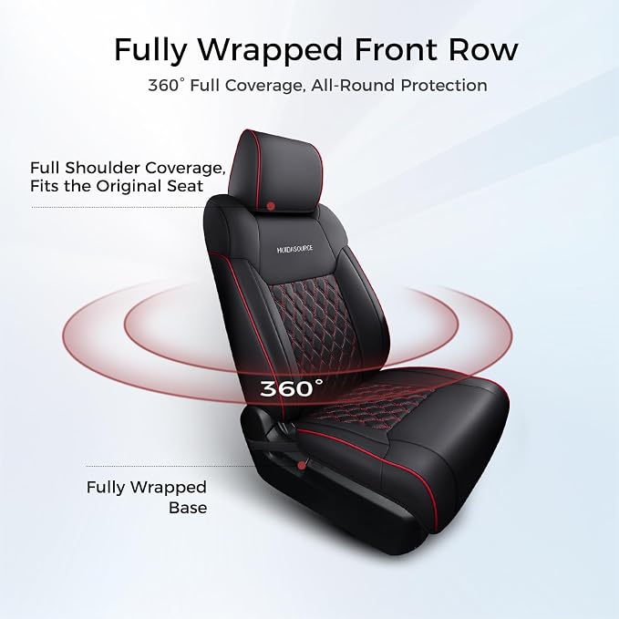 Huidasource Dodge Ram Front & Rear Seat Covers, Leather Car Seat Cover Full Coverage Waterproof Truck Seat Cushion Protector Fit for 2019-2025 RAM 1500 2500 3500 Crew/Mega Cab(Full Set/Black&Red)