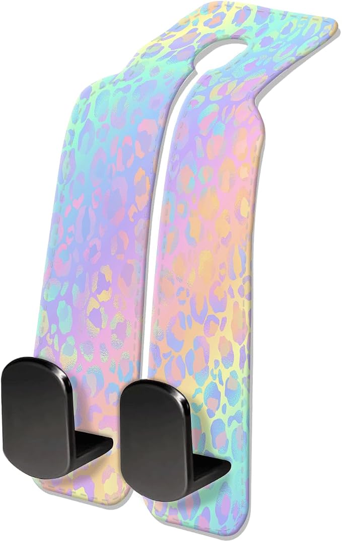 Car Seat Headrest Hook, Universal Leather Cute Hanger Holder Hook, Storage Organizer Interior Accessories for Purse Bags Handbag Colorful Cute Leopard