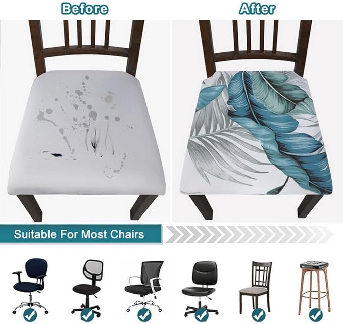 SearchI Water Repellent Seat Covers for Dining Chairs, 6 Pack Jacquard Stretch Dining Room Chair Seat Covers, Kitchen Chair Seat Covers Protectors(Blue Foliage)