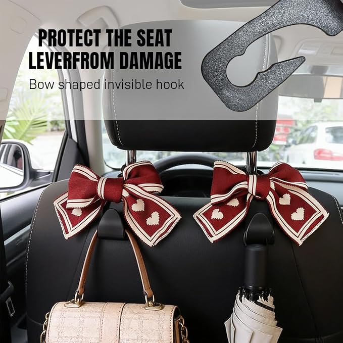 2PCS Car Seat Headrest Hooks, Car Purse Hook, Cute Bow Knot Vehicle Seatback Hanging Storage Organizer, Auto Seatback Decor Organizer Hanger for SUV Truck (Red/White)