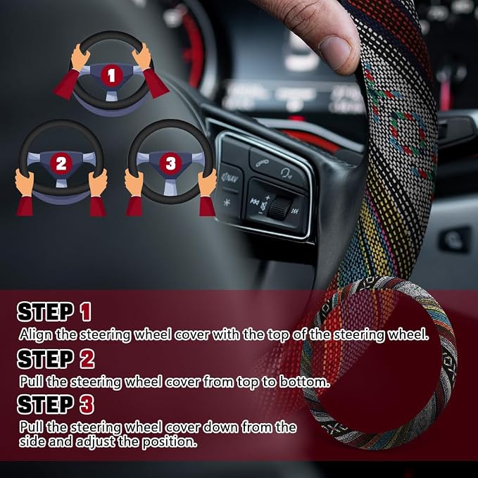 Boho Steering Wheel Cover, Ethnic Style Car Steering Wheel Cover Protector, Anti-Slip Flax Cloth Cover Universal Fits 14.5-15 Inch Steering Wheel, Interior Car Accessories(D Style)