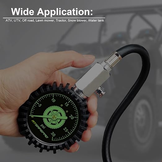 ATsafepro Low Pressure Tire Gauge to 30PSI, 2.5” Mechanical Tire Gauge with Flexible Hose and Angled Chuck, Analog Air Pressure Gauge Glow in The Dark for ATV, Off Road, Lawn Mower Etc