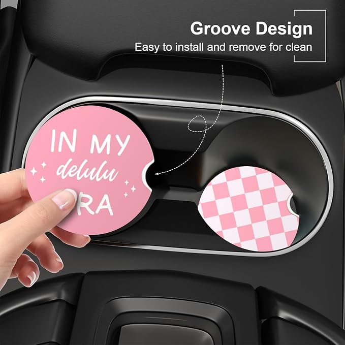 Ceramic Car Coasters – Absorbent Car Cup Holder Coaster Set for Women, Cute Aesthetic Car Accessories for Girls, 2 Pack (Deep Rose)