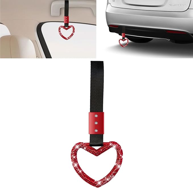NBTEPEM Bling Heart Handle Ring Bling Car Accessories for Women Handle Strap Drift Charm Rear Bumper Warning Ring Tsurikawa Heart Decor for Car Interior Exterior Decoration (Red, Heart Style)