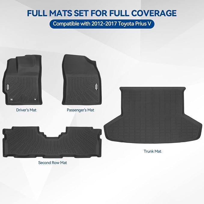 Custom Fit Floor Mats for Toyota Prius V 2012-2017 | All Weather TPE Floor Liners with Trunk Mat | Odorless Interior Accessories