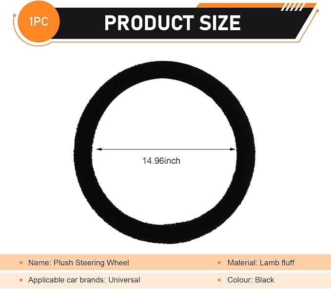Fuzzy Warm Steering Wheel Cover for Winter, Soft Faux Lamb Fleece with Anti-Slip Inner Ring, 14.96" Inner Diameter Cozy Protective Driving Cover, Universal for Most Cars (Black)
