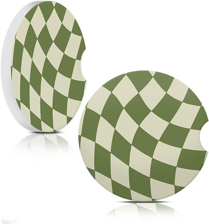 Wave Green Chekerd Car Coasters for Cup Holder Absorbent Ceramic Cup Coaster 2 Pack Anti Slip Car Interior Accessories with Finger Notch Cork Base for Women Men 2.56"