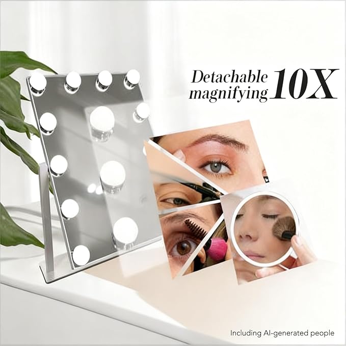 Hollywood Vanity Mirror with Lights, 12 Dimmable LED Bulbs Lighted Makeup Mirror with Detachable 10X Magnification Mirror, 1000mAh Rechargeable, 3 Color Lights, Touch Control