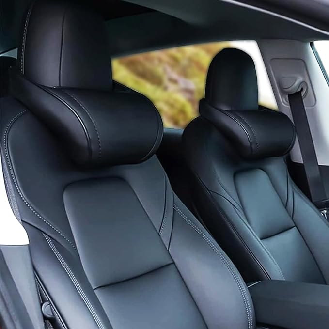 Car Headrest Neck Pillow Support Ergonomic, with Valve Stem Covers Accessory for Driving Seat Fatigue Relief Compatible with Model S X 3 Y & Cybertruck - 2 Pieces