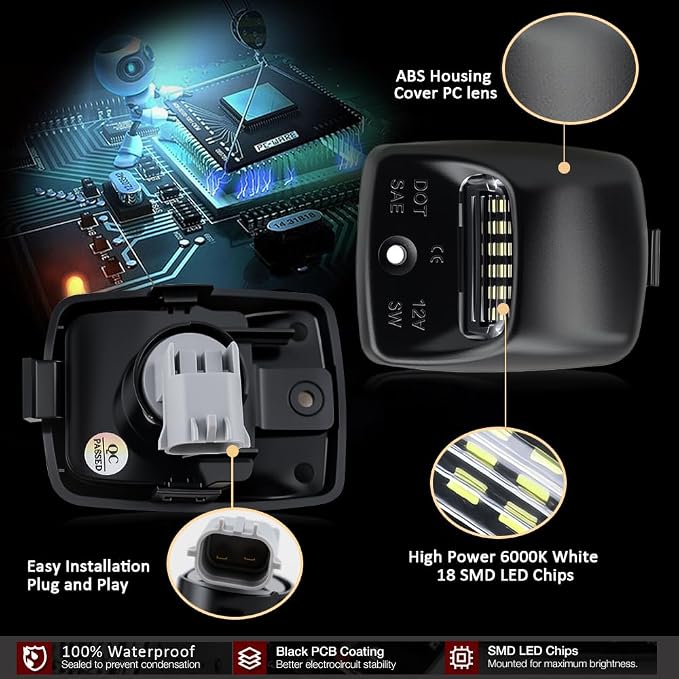 D-Lumina LED License Plate Light Tag Lamp Assembly with Socket for 2005-2015 Toyo'ta Tacoma, 2000-2013 Toyo'ta Tundra Pickup Truck, Powered by 18-SMD 6000K White LED Tag Lights, Pack of 2