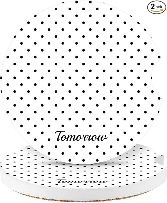 Cute Fashion Polka Dot Car Coasters 2 Pack for Cup Holders, 2.56 Inch Finger Notch Retro 70's Style Ceramics Heat Resistant Anti Slip Cork Base Car Drinks Coasters Auto Accessories-White