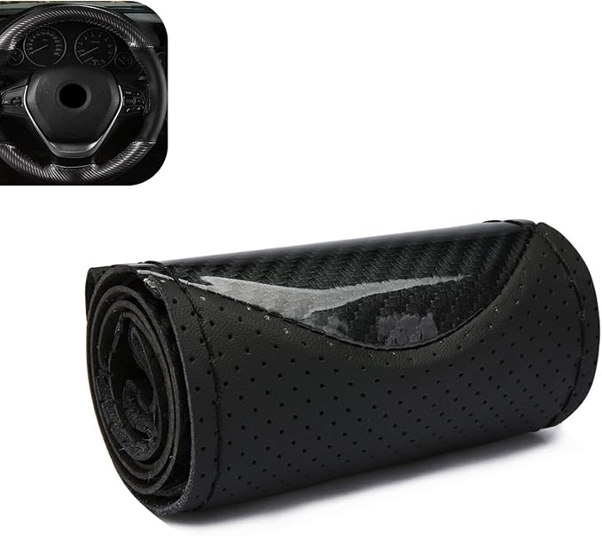 Car Leather Steering Wheel Cover, Breathable Perforated Anti-Slip Wrap, Anti-Scratch Microfiber Steering Wheel Protector, DIY Stitch on Wrap for Most Cars Trucks Pickups (Black)