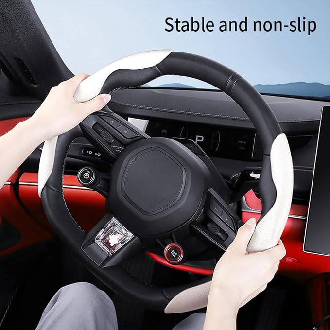 Car Steering Wheel Cover, O/D Shape, Nappa Leather, Segmented, Anti-Slip, Odorless, Breathable, for Men & Women, 14-15inch (White)