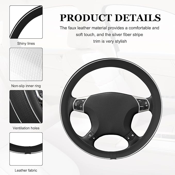 Car Steering Wheel Cover, Breathable Anti-Slip Auto Steering Wheel Protector with Fiber Strip, 15 Inch Soft Comfortable Wheel Wrap Vehicle Interior Decor for Women Men (Black)