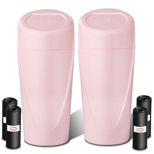 Car Trash Can with Lid-2Pack, Leakproof Garbage Can with 80 Attached Trash Bags, Mini Essential Car Accessories for Interior for Car, Home, Office（Sakura Pink）