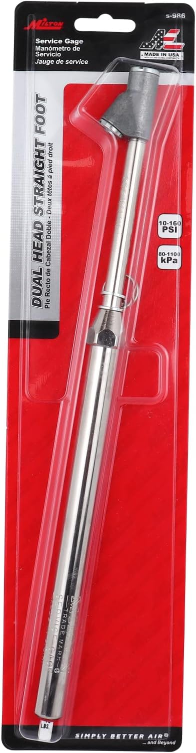 Milton S-986 Straight Foot Dual Head Tire Pressure Gauge with Dual Head Chuck, 10-160 PSI Heavy Duty Air Pressure Gauge for Semi Truck, Tractor Trailer, Dually, RV and Automotive Tires