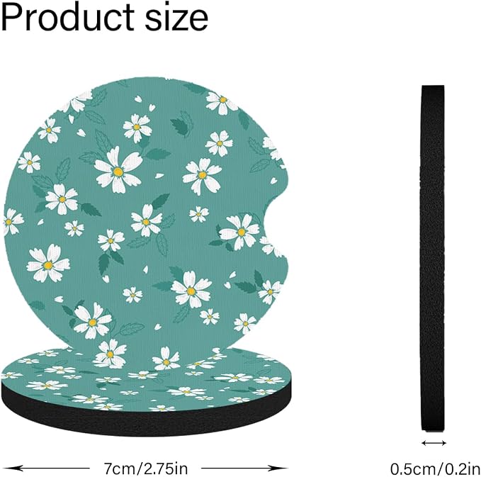 2pcs Cute Blue Flowers Car Coasters,Absorbent Universal neoprener Cup Holder Coasters with a Finger Notch,Car Accessories for Women&Man Interior，2.75" 2