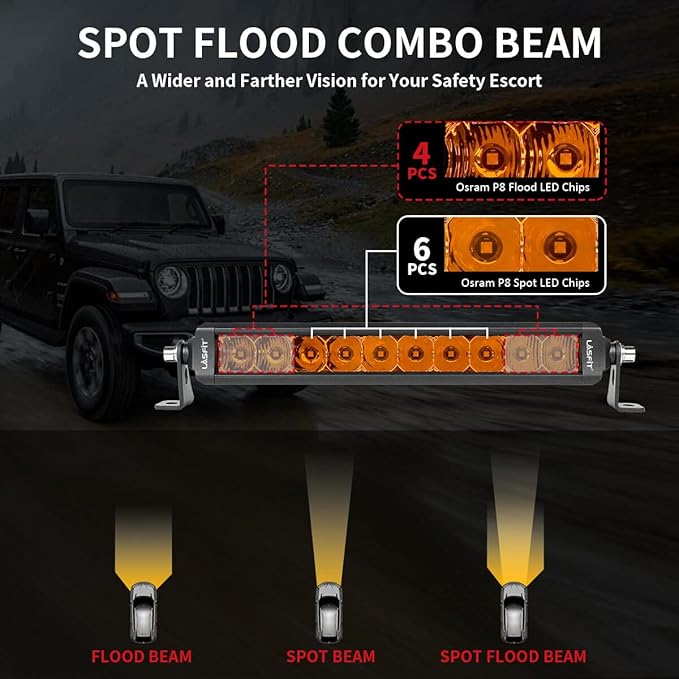 LASFIT 12 inch Amber LED Light Bar, Single Row, Off Road, IP67 Waterproof, 30V, Aluminum & Stainless Steel Housing