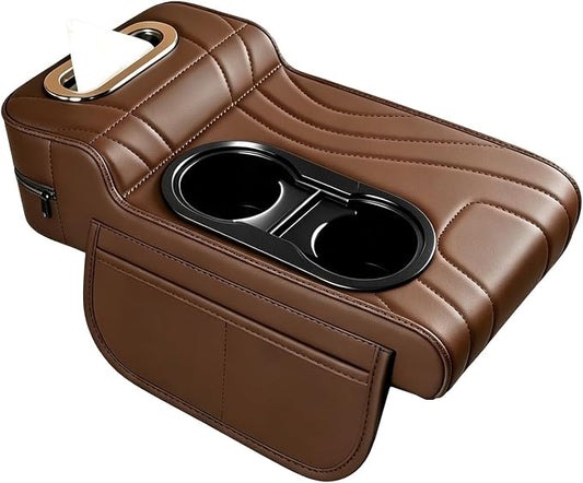 Car Armrest Cover, Embroidered Leather Car Armrest Cushion 4-in-1 Center Console Organizer with Dual Cup Holders, Tissue Box, 2 Side Storage Pockets & Card Slot, Universal for Most Cars(Coffee)