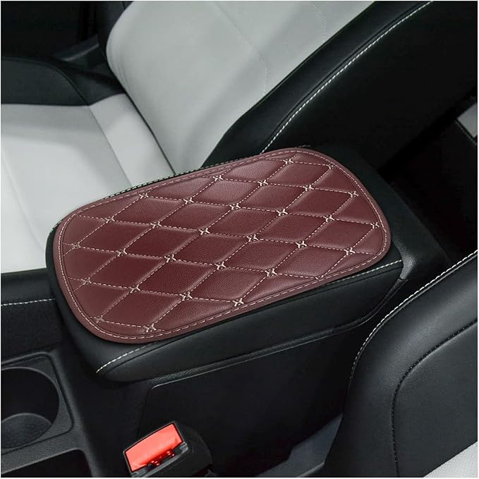 Auto Center Console Pad, PU Leather Car Center Console Box Cushion, Non Slip Soft Armrest Seat Box Cover, Waterproof Vehicle Armrest Protector for SUV, Truck, Car (Rhombic Lattice Wine Red/Beige)