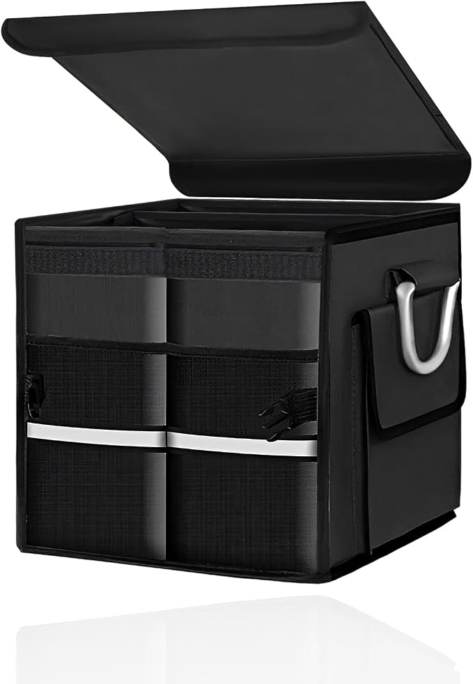 Car Trunk Organizer with Lid, 28L Collapsible Oxford Auto Storage Organizer with Reflective Strip & Handle, Multi-Purpose 2-Compartment Cargo Container for Cars SUVs Trucks (Black)