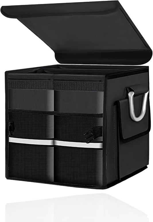 Car Trunk Organizer with Lid, 28L Collapsible Oxford Auto Storage Organizer with Reflective Strip & Handle, Multi-Purpose 2-Compartment Cargo Container for Cars SUVs Trucks (Black)