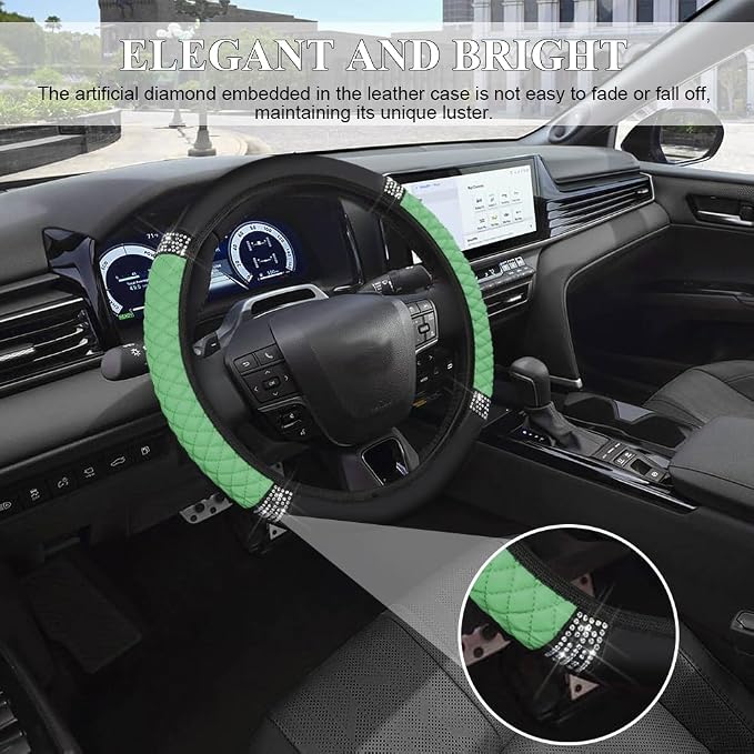 Bling Soft Leather Steering Wheel Cover, 15 Inch Colorful Rhinestones Auto Elastic Steering Wheel Protector for Women Girls, Car Accessories Anti Slip Steering Wheel Cover for Cars, SUVs (Green)