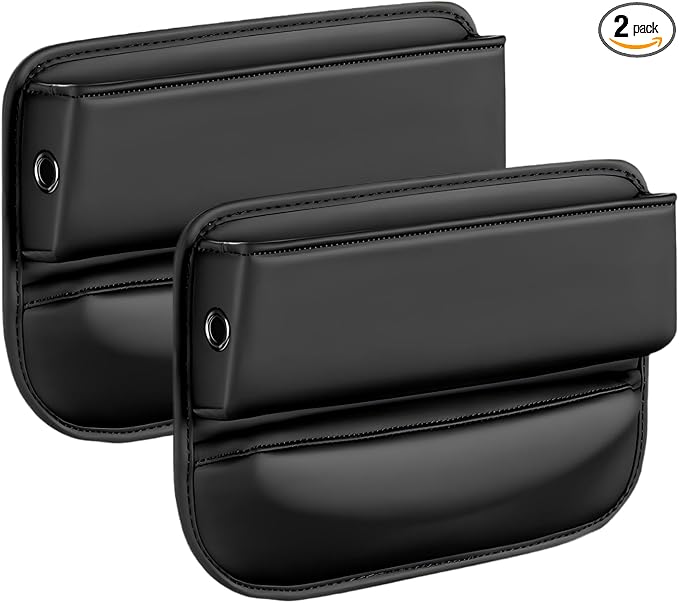 2 PCS Car Seat Gap Filler Organizer, Leather Front Seat Side Console Gap Filler, Anti-Slip Strap Center Console Organizer with Card Slots, Universal for Car, SUV, Truck (Black)