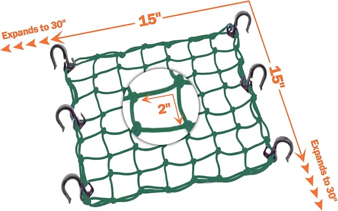 Small Cargo Net 15"x15" Stretches to 30"x30" with Thicken Hooks | Natural Latex Core, Tight 2”x2” Mesh Heavy Duty Bungee Net for Motorcycle Helmet, Bike, ATV, UTV, Luggage (Army Green, 1 Pack)