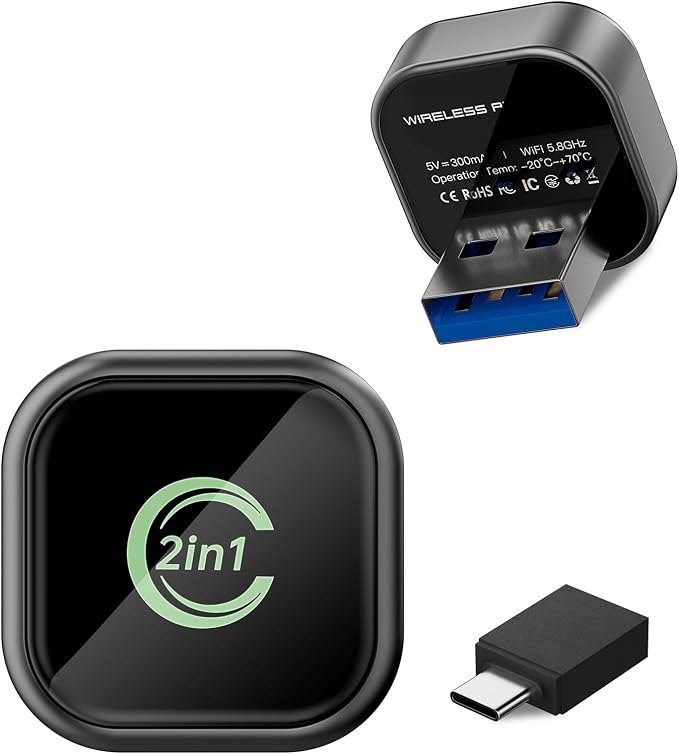 KUKIHO 2-in-1 Wireless CarPlay & Android Auto Adapter – Instant Auto-Connect, Low Latency, USB-C & USB-A Compatible for Factory Wired CarPlay Vehicles