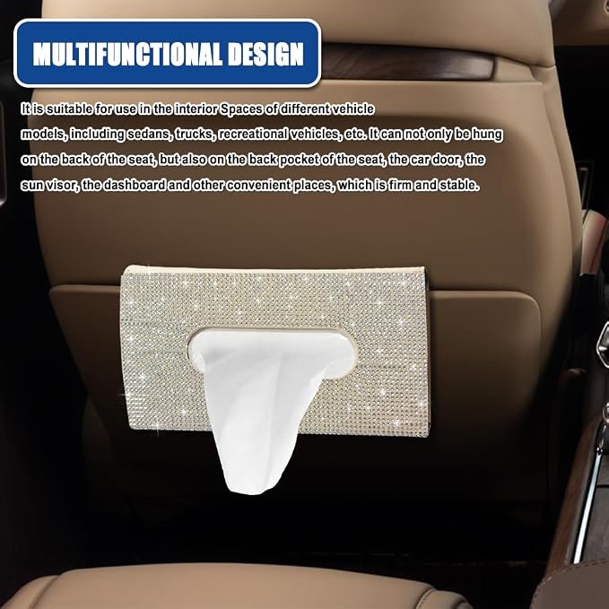Bling Car Sun Visor Tissue Box Holder, Visor Accessories, Rhinestone PU Leather Crystal Sparkling Napkin Holder, Auto Sun Visor Paper Towel Cover Case Accessories for Most Cars (Beige+White)