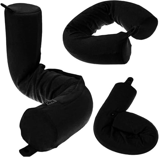 Dot&Dot Twist Memory Foam Travel Pillow, Bendable Neck Pillow for Airplane, Car and Home, 26-Inch Adjustable Roll with Washable Cotton Cover, Black